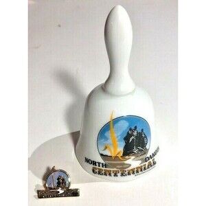 1989 North Dakota Centennial 4" Fine China Bell and Brass Logo Lapel Pin